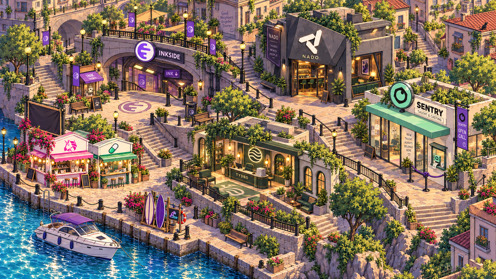 A bird’s-eye reconstruction of the INK district, NADO Club, SENTRY Office, TYDRO Lounge and EP3 harbor, based on original INK-SIDE production backgrounds