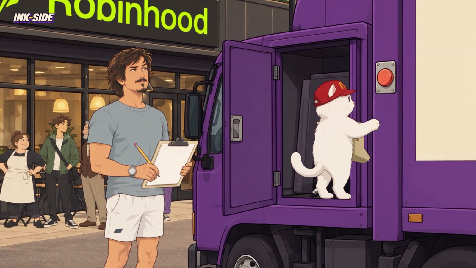 Vlad holding the guest list as Snatch arrives in a purple party truck outside Robinhood