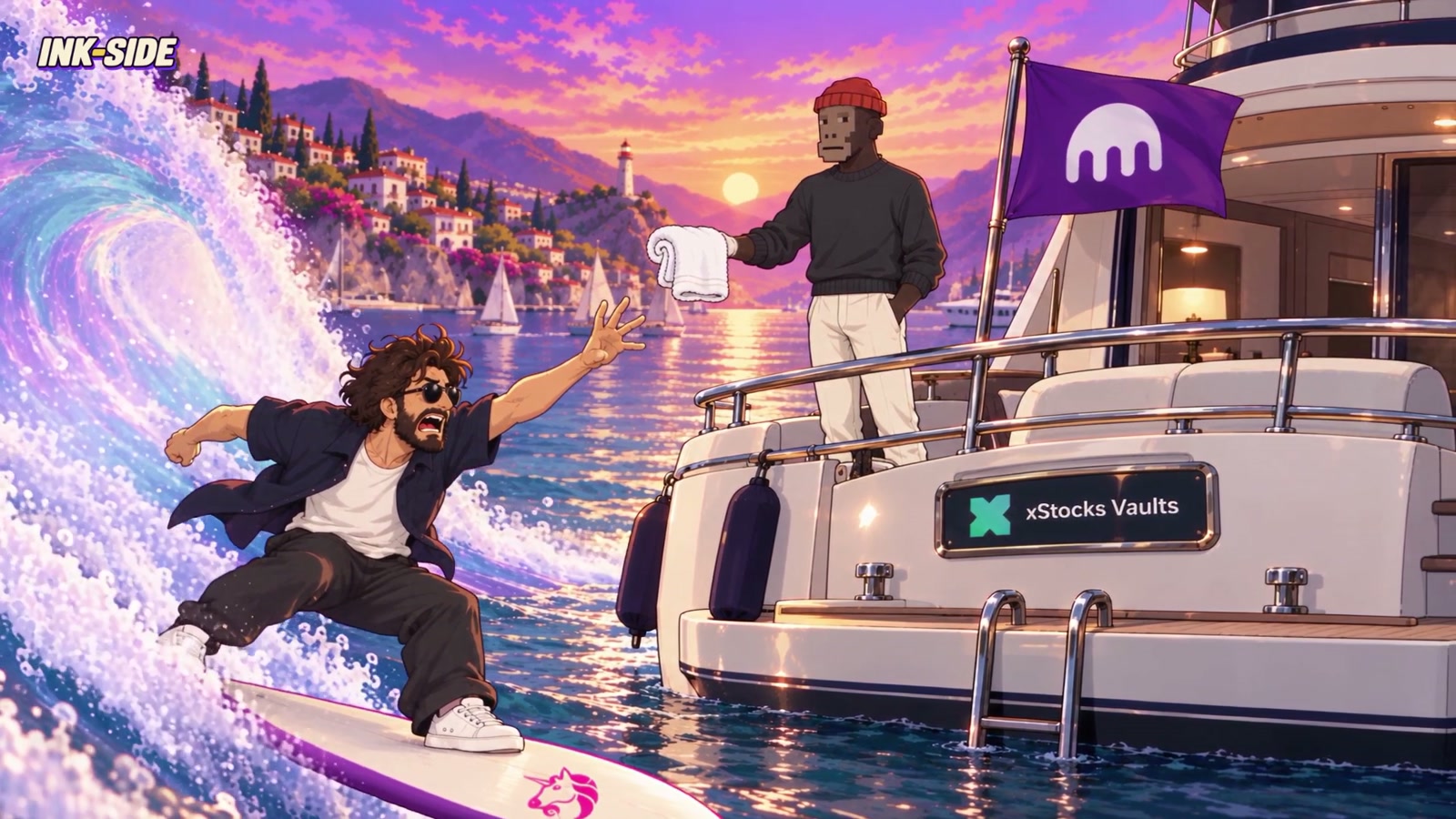 A wave sweeps through the Ink harbor in RIDE THE NEWS