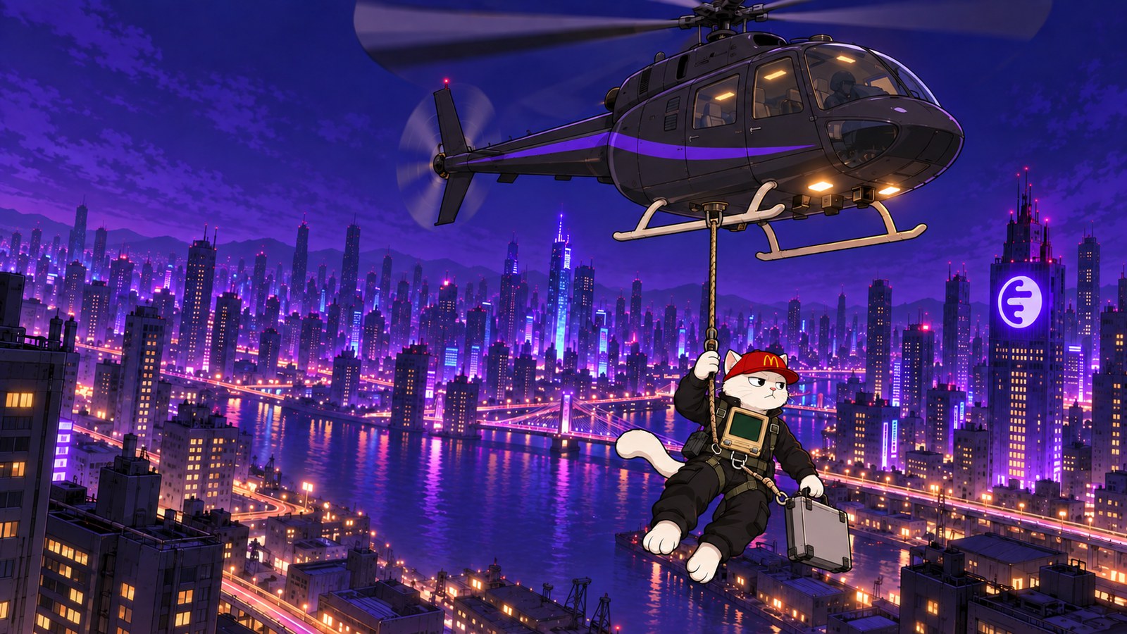 Snatch hangs from a helicopter rope over the Ink city at night in OPERATION: GM