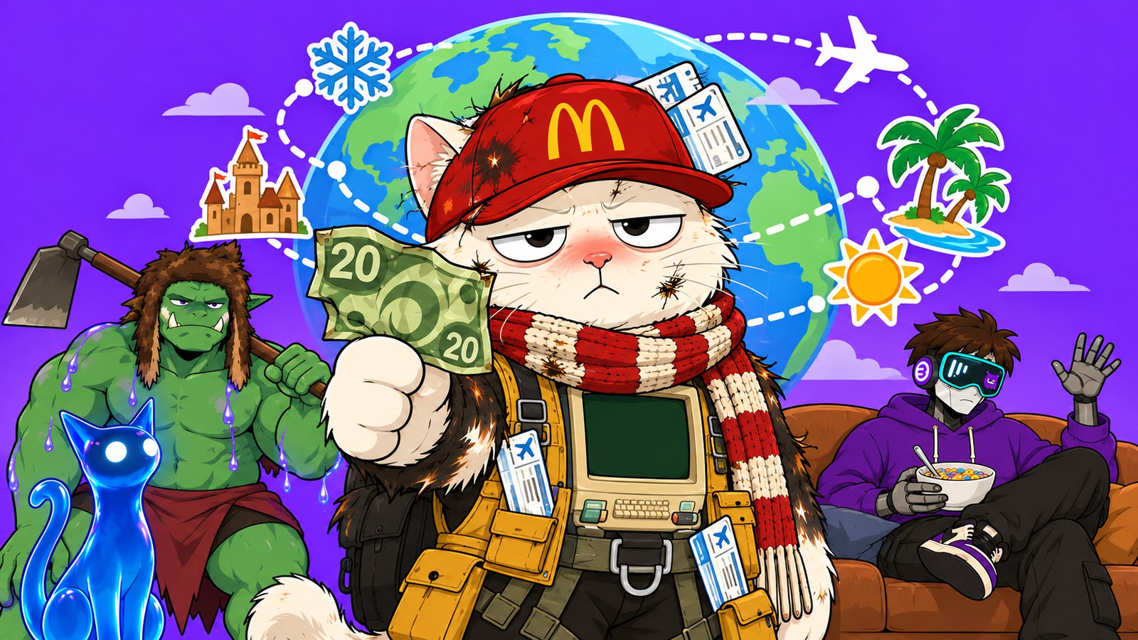 Snatch holds a twenty-dollar bill in front of a travel map with Arjun, Krak Mask, an Orc and the WIRED cat in TWENTY BUCKS